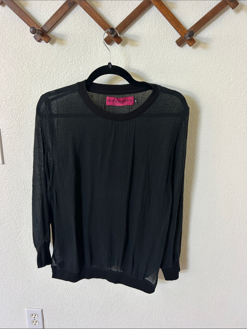 Heidi Merrick Black Sheer Long-Sleeve Crew Top